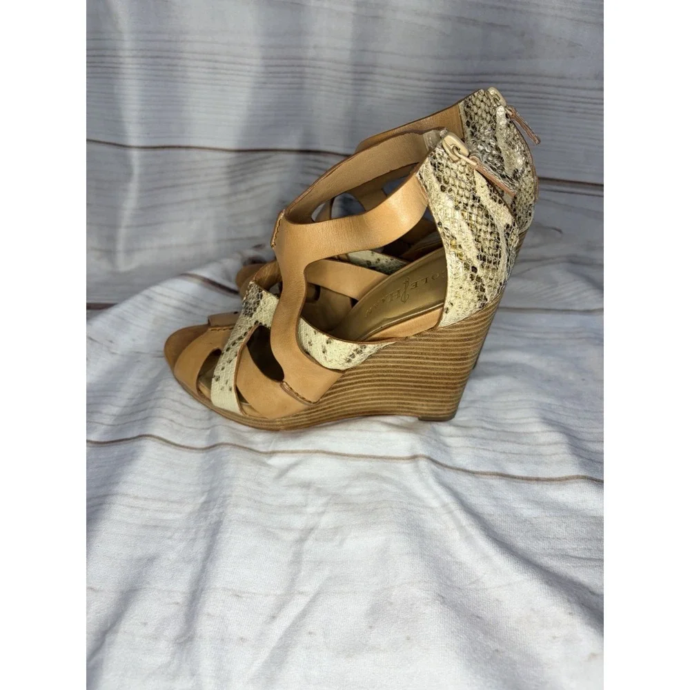 Cole Haan Air Wedge Heel Sandals Womens 7.5 B‎ Brown Leather Strappy Snakeskin